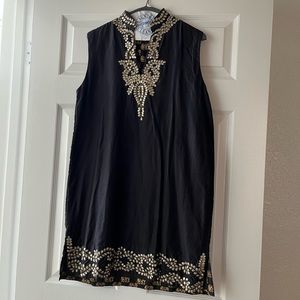 NWOT Sue Sartor (Sue•Anu) Black silk high collar shift dress metallic embroidery